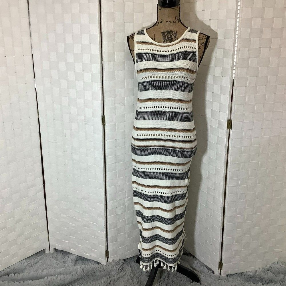 alya crochet knit sheath dress size small off white, tan, black